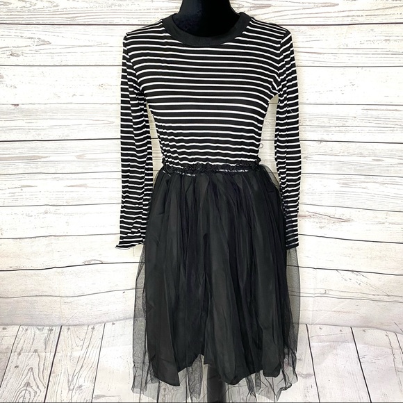 Chic Girl Black Striped Mesh Paneled Combo Dress - Picture 1 of 6